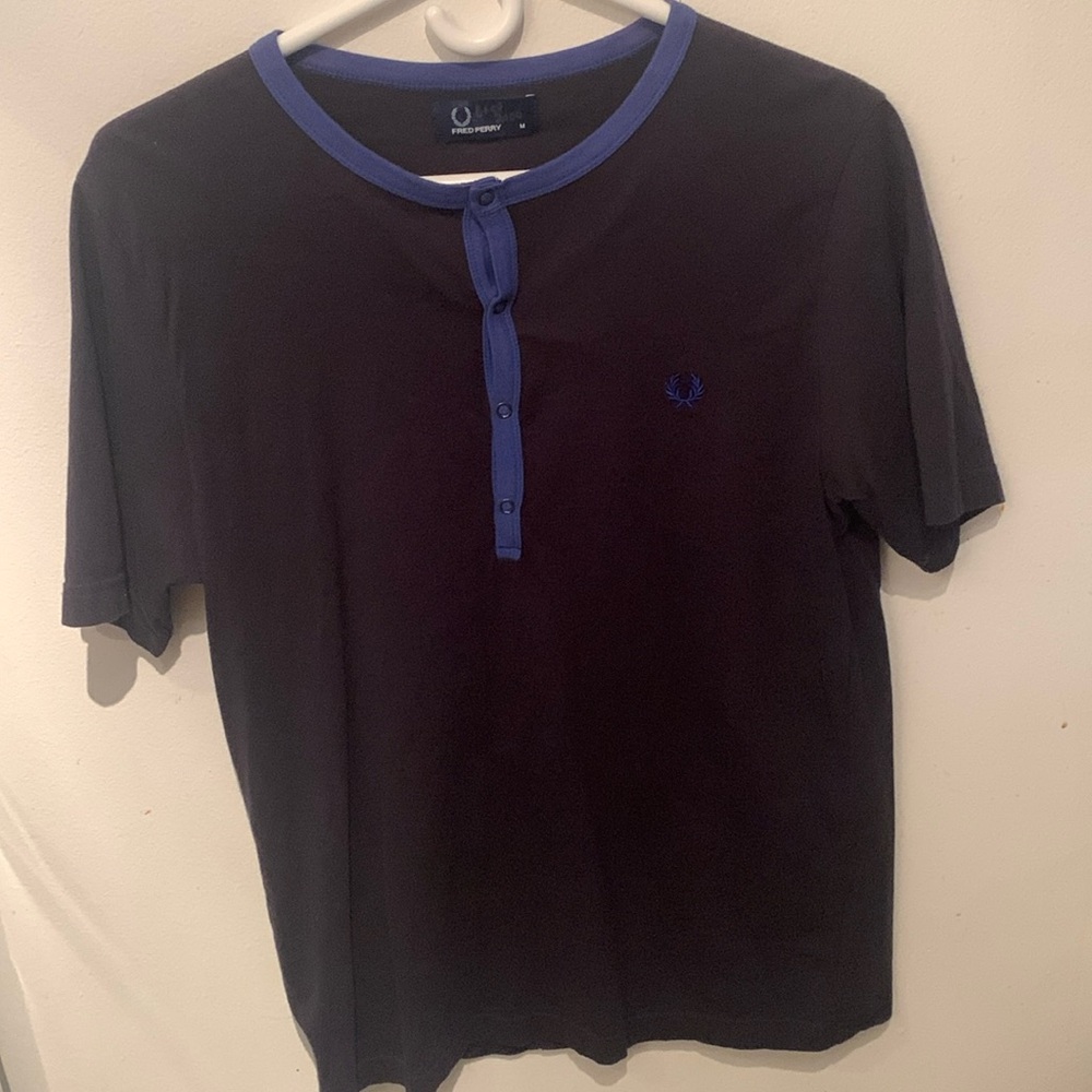 Stunning Fred Perry 2 Tone Blue button up pure cotton tshirt SZ Medium Slim 😍